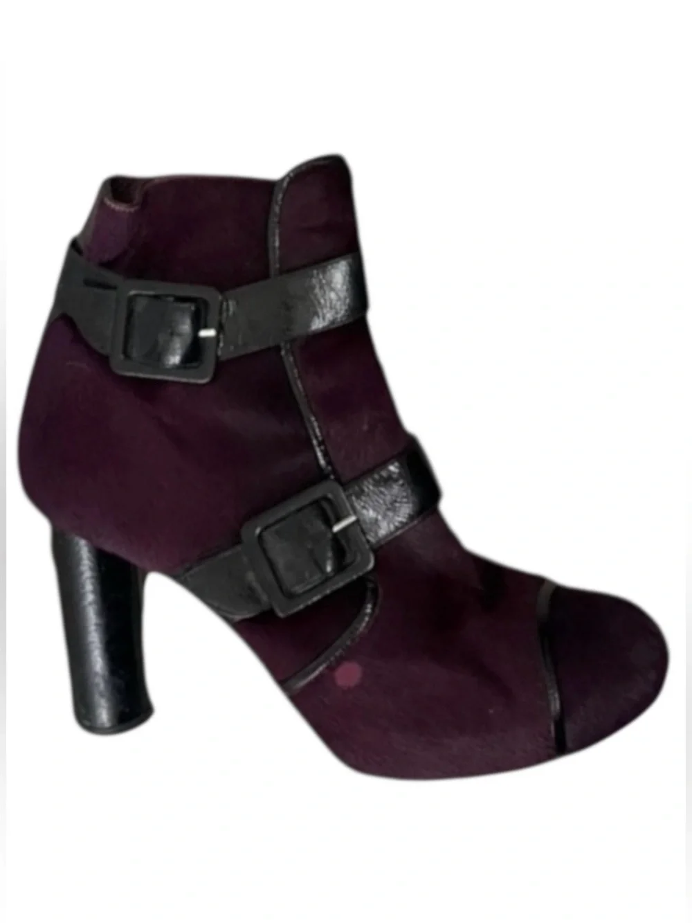 Sonia Rykiel Purple Fur Boots Women’s 8.5 Leather Buckle Block Heel